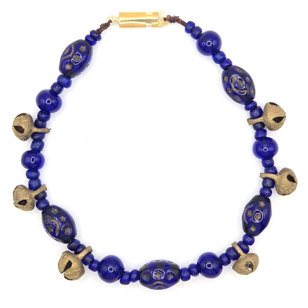 Vintage Cobalt Blue Czech Glass Bead Bracelet Brass Bells‎ Star Etched Box Clasp